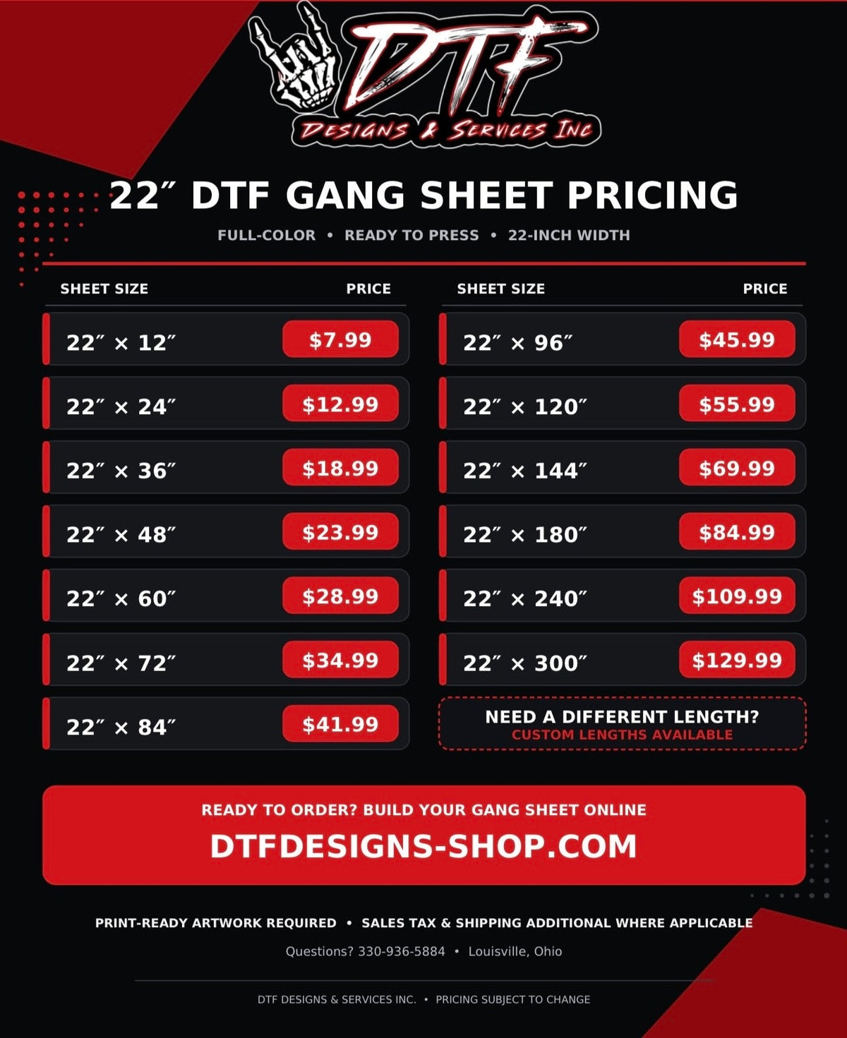 DTF Designs 22-inch gang sheet pricing chart