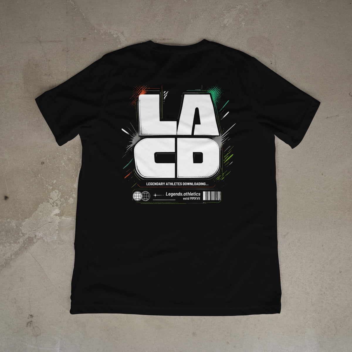 LACD Legendary Athletes Downloading graphic on the back of a black Legends Athletics T-shirt.