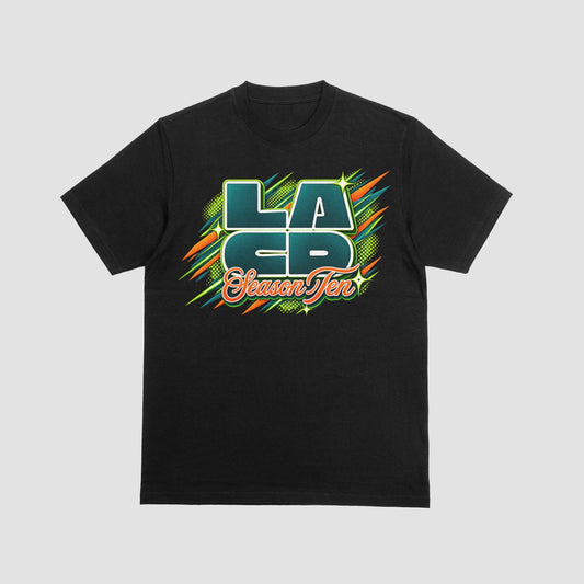 LACD Season Ten graphic on a black Legends Athletics T-shirt, front view.
