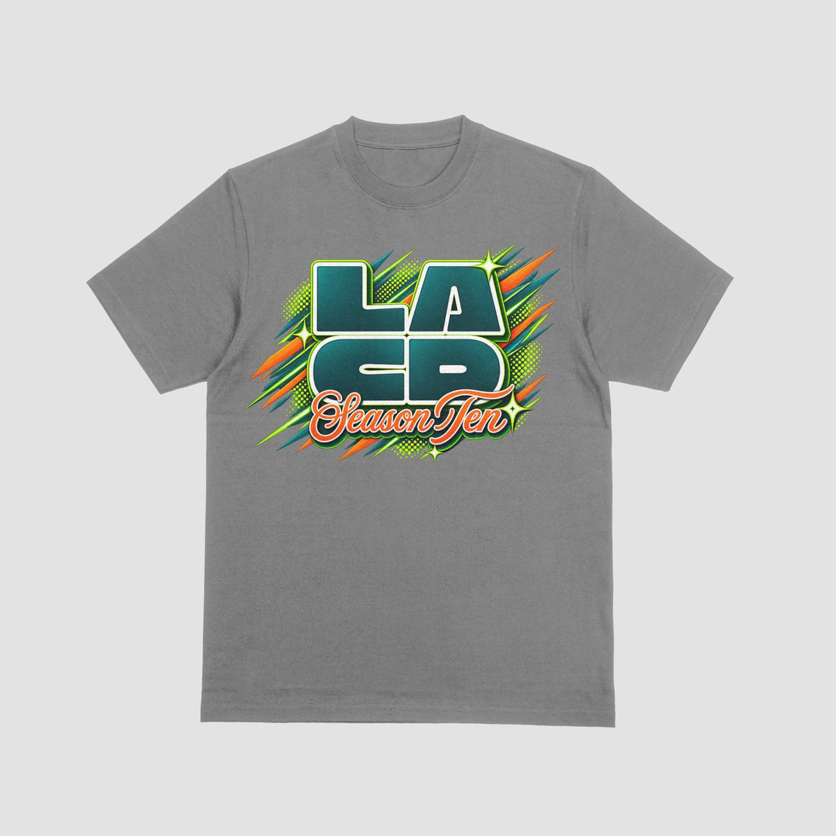 LACD Season Ten graphic on a grey Legends Athletics T-shirt, front view.