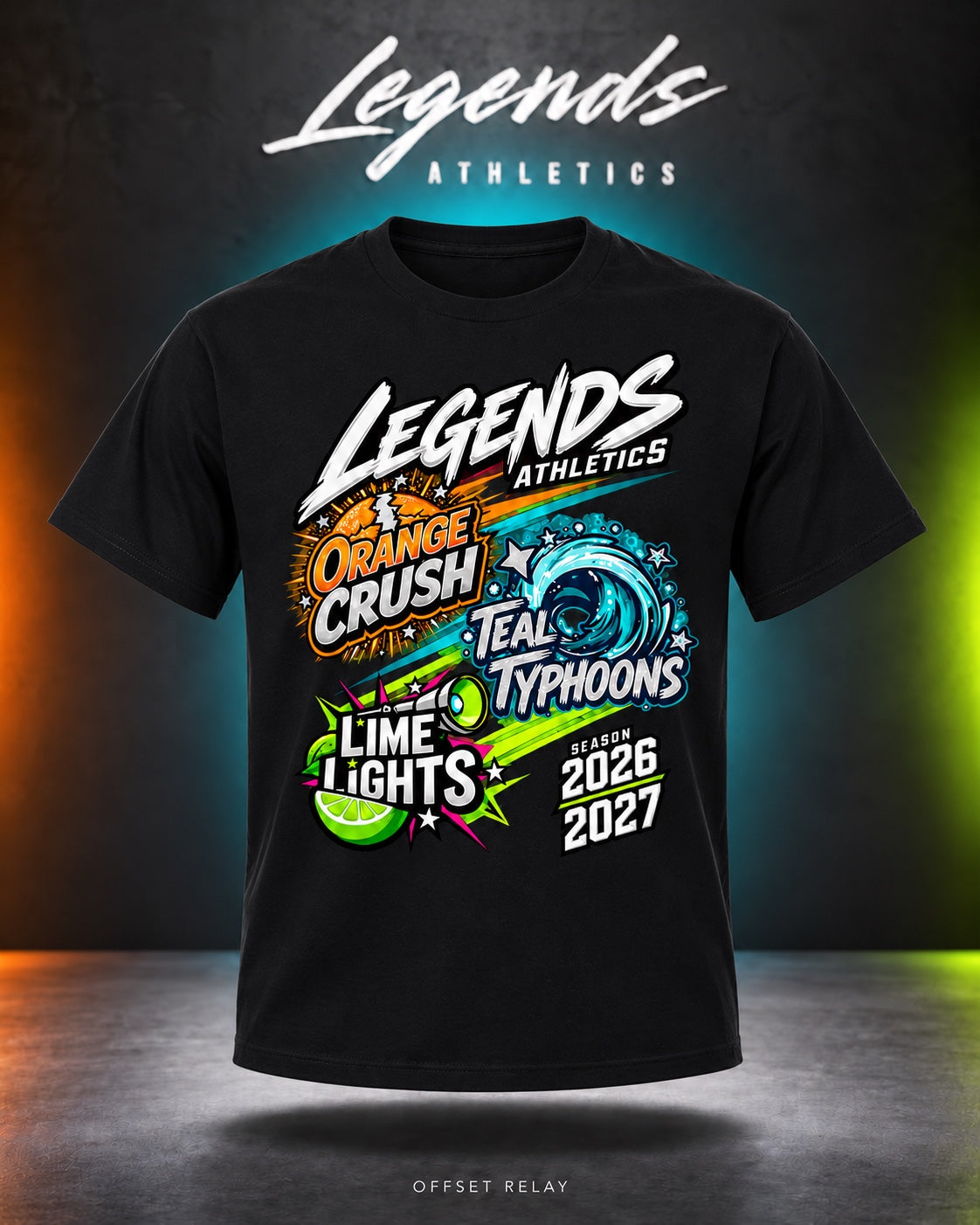 Legends Athletics Offset Relay 2026-2027 front graphic on a Gildan Black T-shirt.