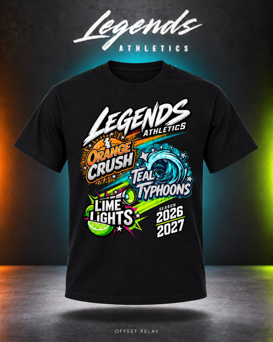 Legends Athletics Offset Relay 2026-2027 front graphic on a Gildan Black T-shirt.