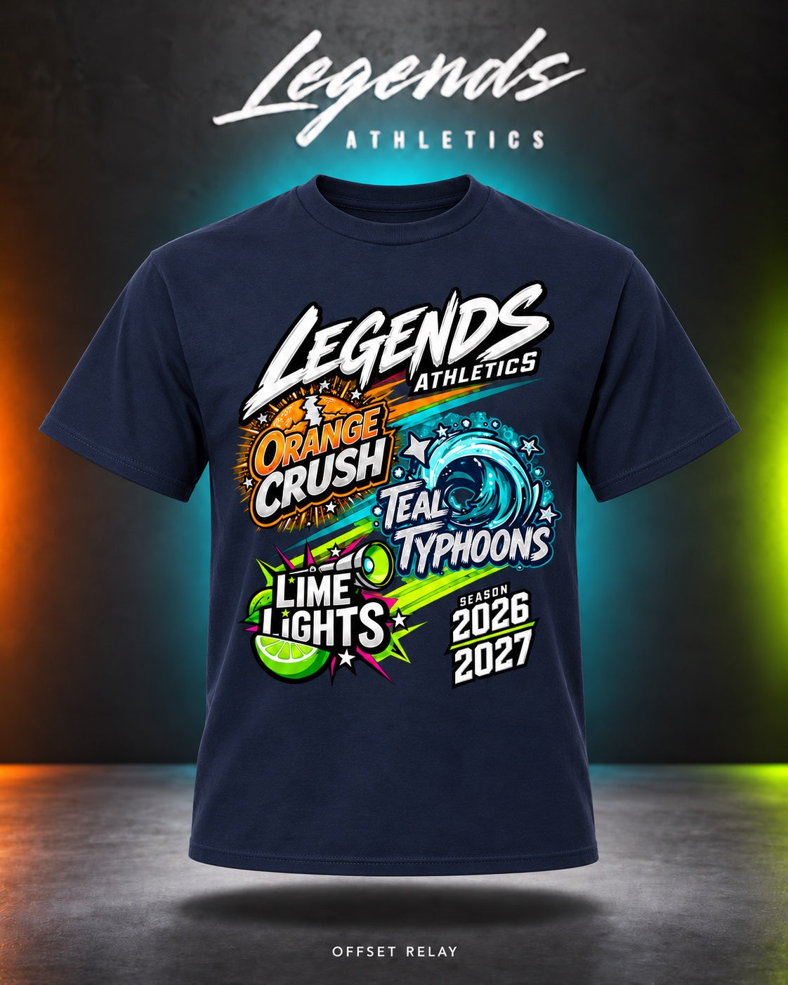 Legends Athletics Offset Relay 2026-2027 front graphic on a Gildan Navy T-shirt.
