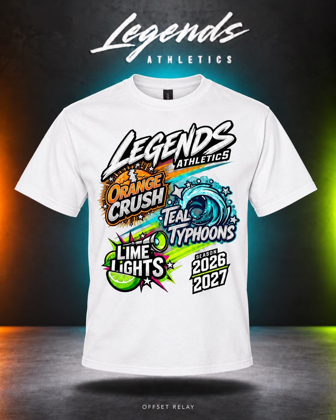 Legends Athletics Offset Relay 2026-2027 front graphic on a Gildan White T-shirt.