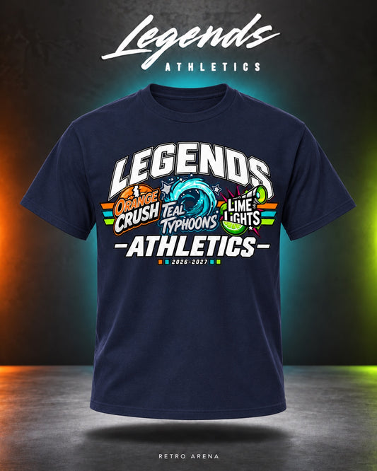 Legends Athletics Retro Arena 2026-2027 front graphic on a Gildan Navy T-shirt.