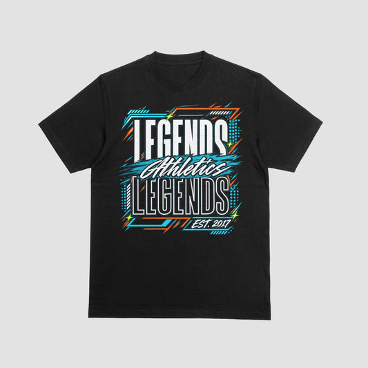 Legends Athletics stacked Est. 2017 graphic on a black T-shirt, front view.