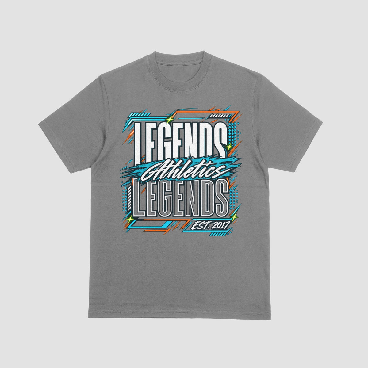 Legends Athletics stacked Est. 2017 graphic on a grey T-shirt, front view.