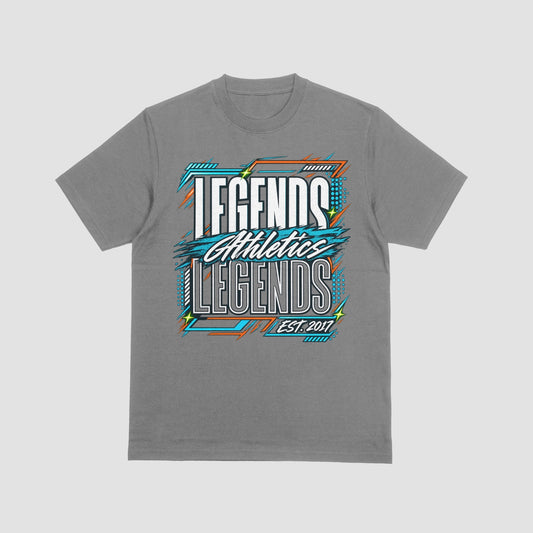 Legends Athletics stacked Est. 2017 graphic on a grey T-shirt, front view.