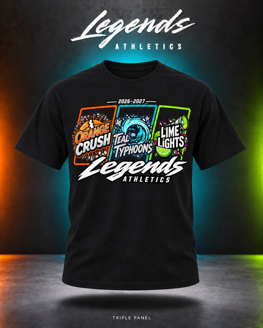 Legends Athletics Triple Panel 2026-2027 front graphic on a Gildan Black T-shirt.