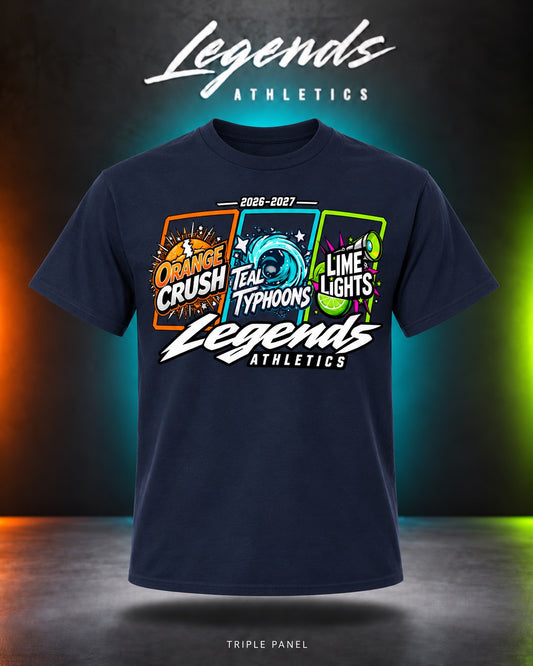 Legends Athletics Triple Panel 2026-2027 front graphic on a Gildan Navy T-shirt.