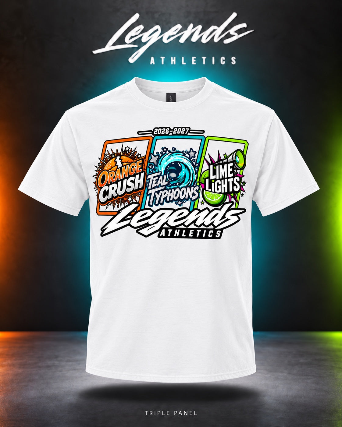Legends Athletics Triple Panel 2026-2027 front graphic on a Gildan White T-shirt.